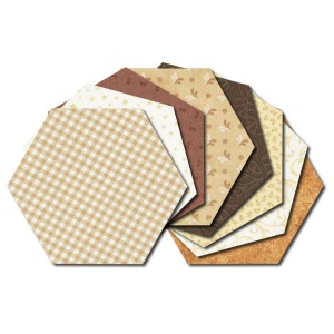 Hexagon fabric charm packs - brown & cream prints